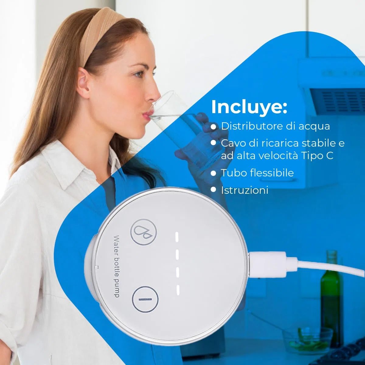NK Distributore d'acqua con display a LED - Automatico, 4 volumi di erogazione 200/600/800ml/continua, 1200mAh, Touch Control, bottiglie e caraffe da 1,5L, 5,7L, 10L, 11,3L, 15L, 18,9L - Colore bianco