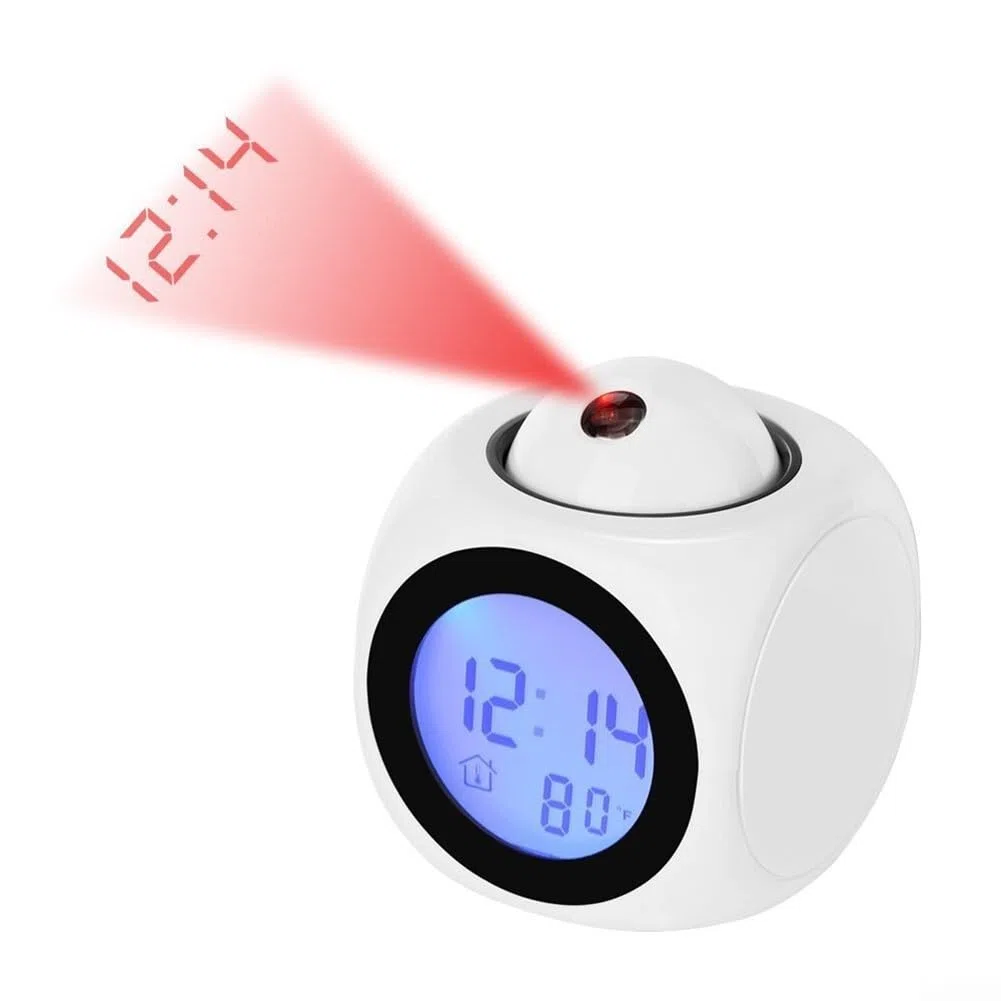 Sveglia con proiettore a LED, display digitale multifunzione della temperatura, orologio con proiezione vocale per camera da letto, soffitto, cucina, scrivania, mensola, parete (bianco)
