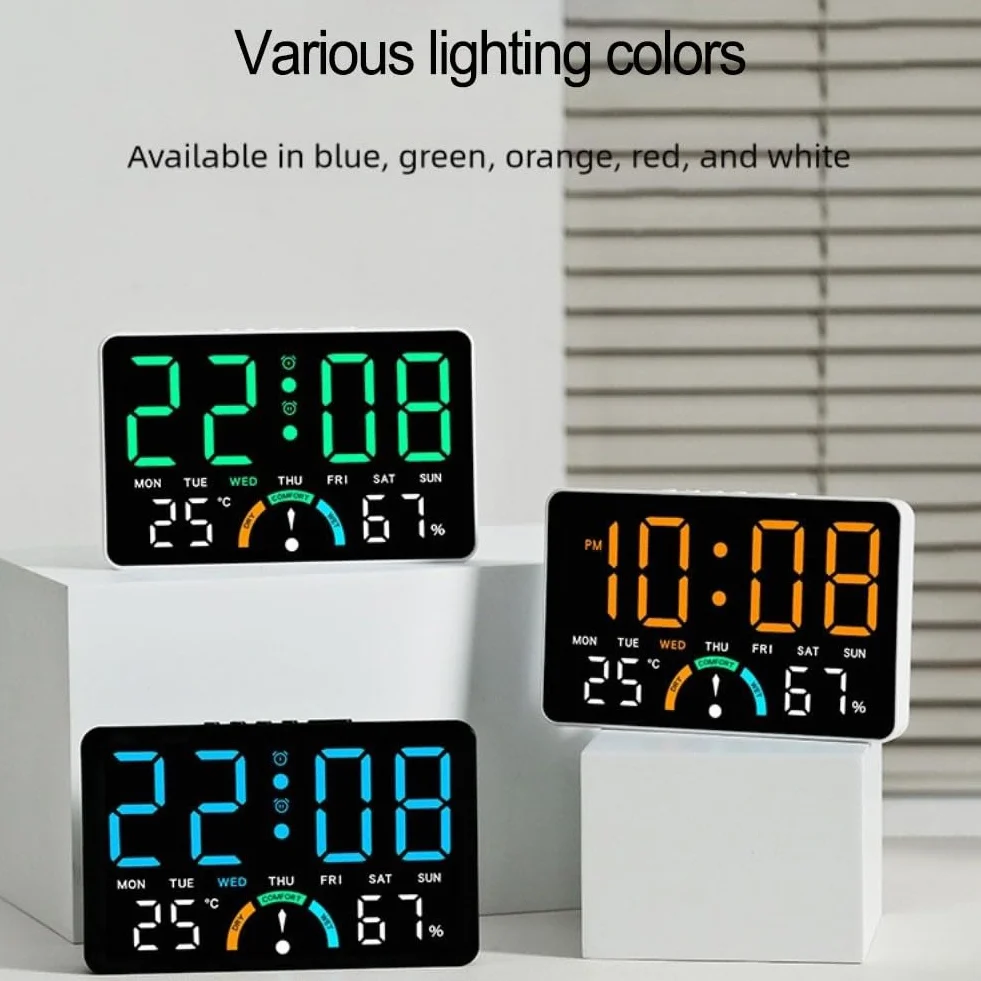 Grande orologio digitale a LED con ora, umidità, temperatura, data, sveglia e indicatori di livello di comfort, progettato per appendere alla parete o da installare in piano (bianco)
