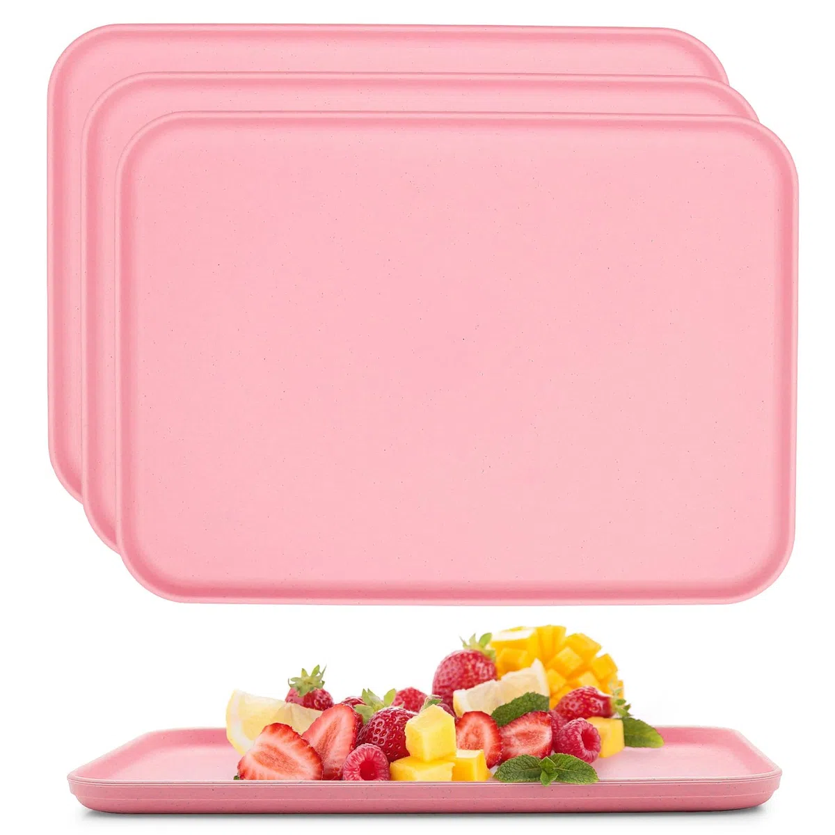 Confezione da 4 vassoi rettangolari in plastica per cucina, bevande, snack, tè, caffè, colazione, leggeri e resistenti (rosa)