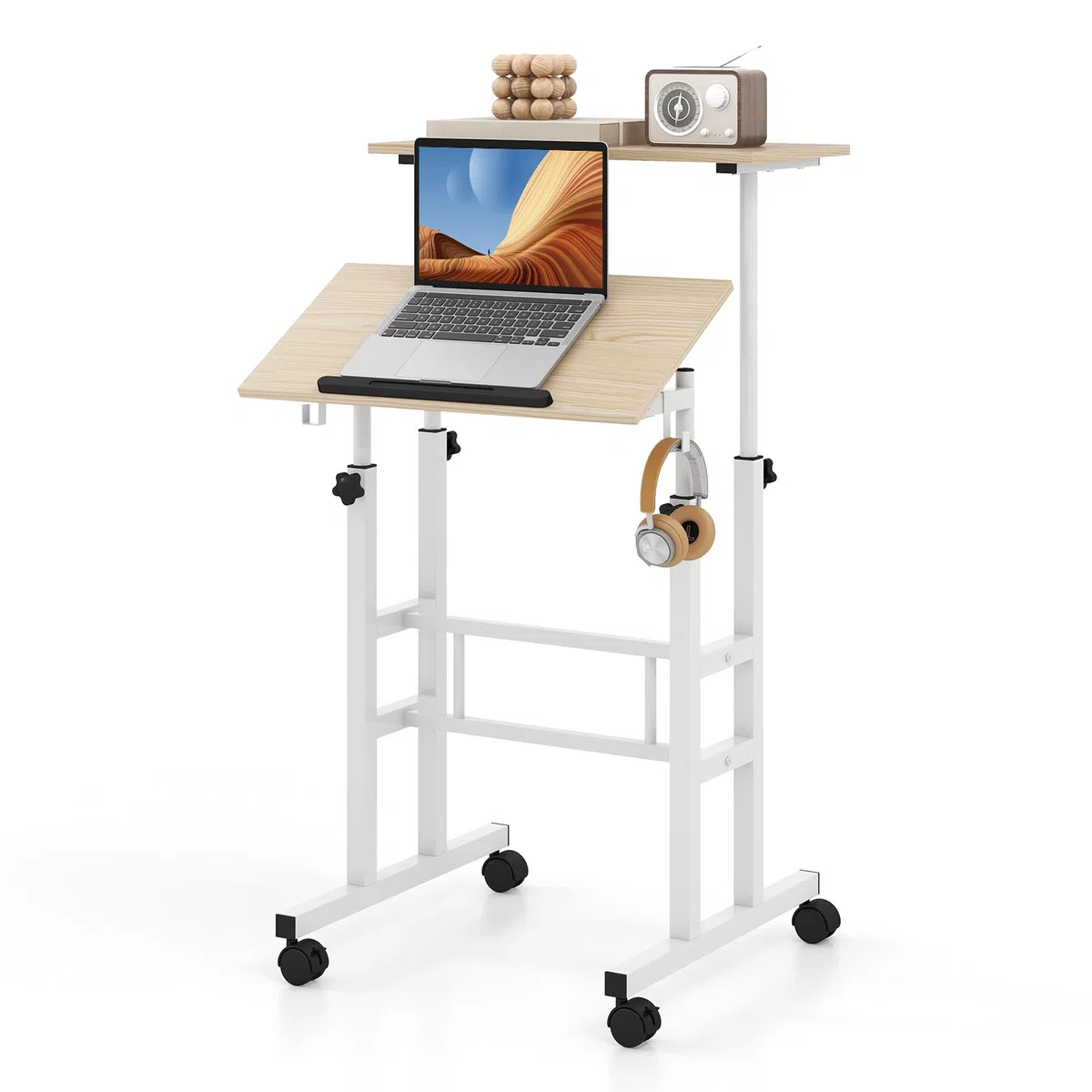 COSTWAY Scrivania per Computer Regolabile in Altezza, Postazione di Lavoro per Computer con Ruote e Ganci, Tavolo Porta PC per Studio e Ufficio, 60 x 60 x 72-124 cm (Naturale)