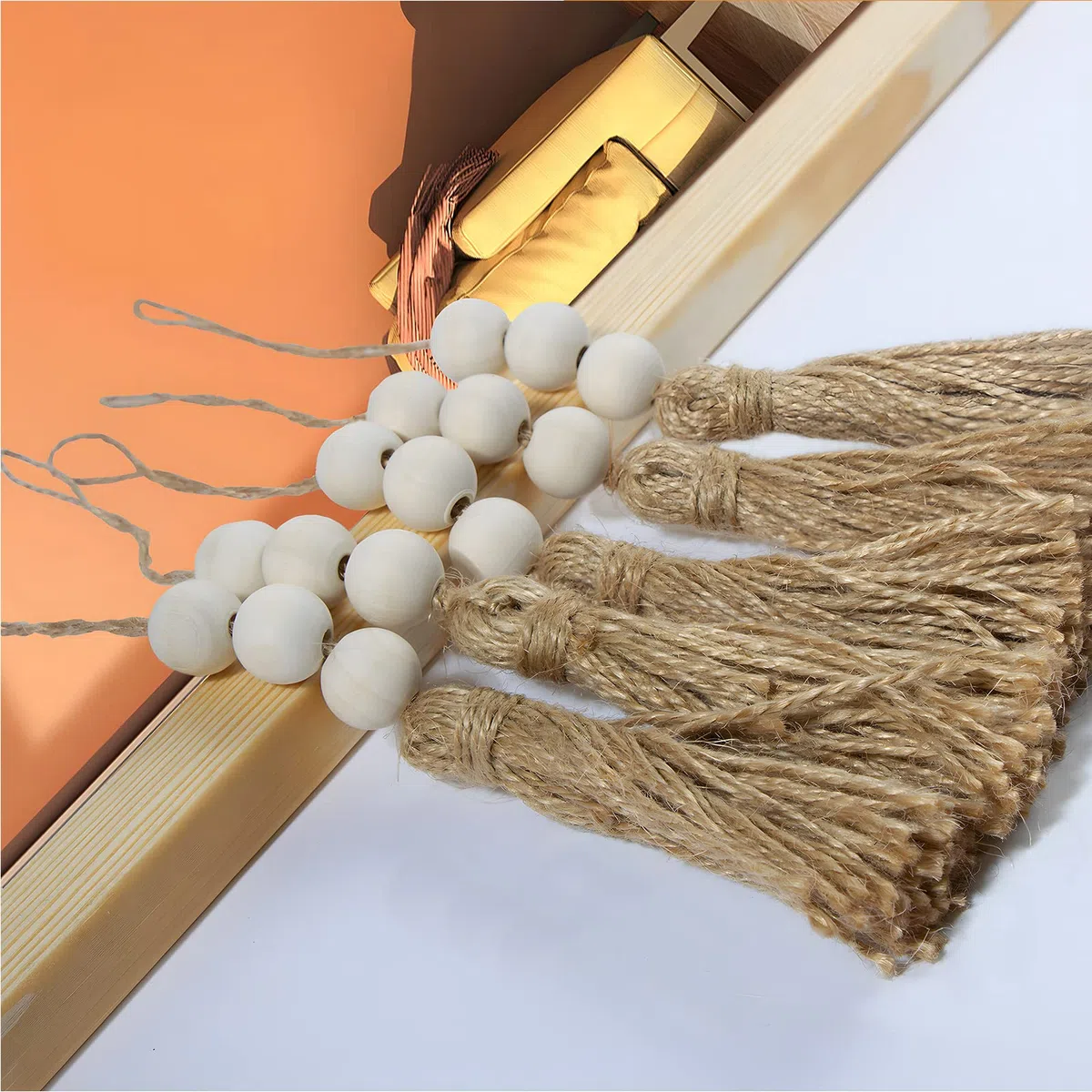 VAPKER 20 nappe di perline di legno naturale in iuta naturale, nappe in corda di canapa, 3 perline di legno per decorazioni e feste fai da te