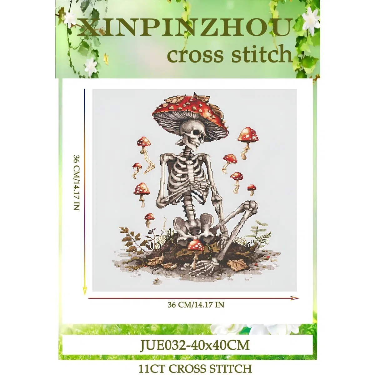 Xinpinzhou Kit Punto Croce Prestampato da Ricamare Completo, 11CT, 36x36 cm | Scheletro Schemi Facili per Principianti, Set Ricamo Completato ha Aspetto Raffinato per Decorazioni Parete o Regalo Mamma