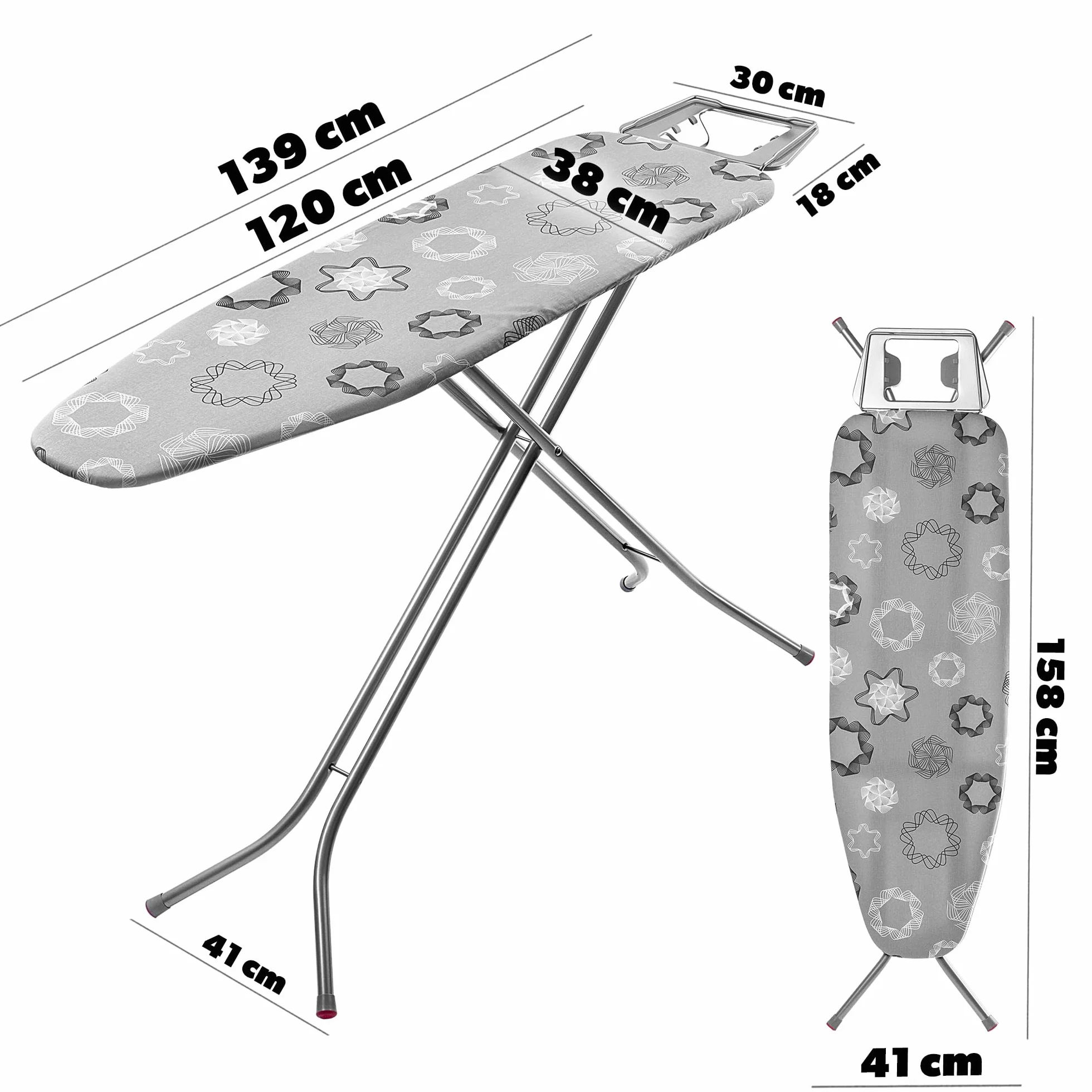 KADAX Asse da stiro pieghevole, 120 x 38 cm, con rete metallica, asse da stiro con piedini antiscivolo, asse da stiro regolabile in altezza, con ripiano da stiro (grigio)