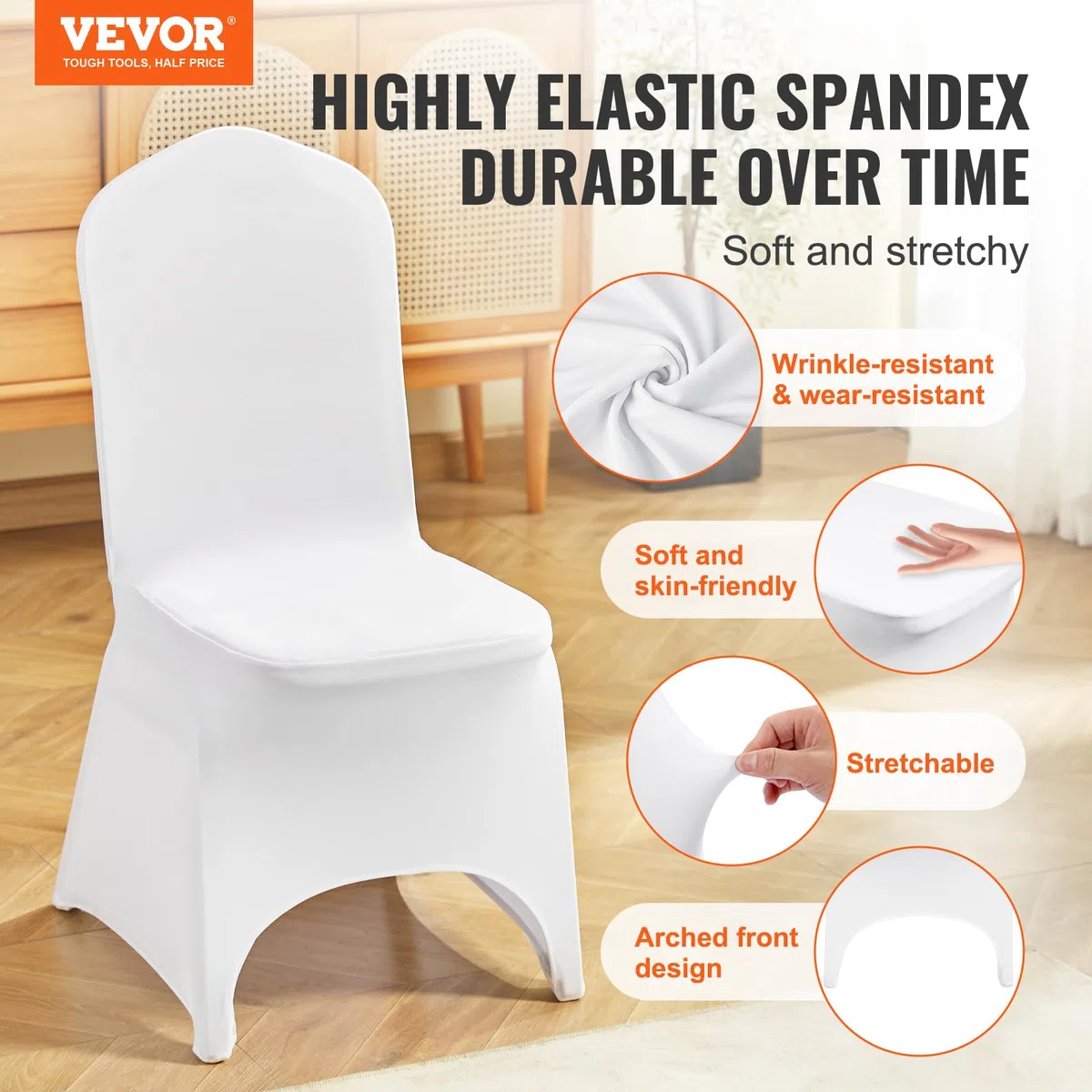 VEVOR 50 coprisedia da matrimonio, in spandex bianco, in tessuto elasticizzato, rimovibile, lavabile, per matrimoni, banchetti, cerimonia, 50 pezzi