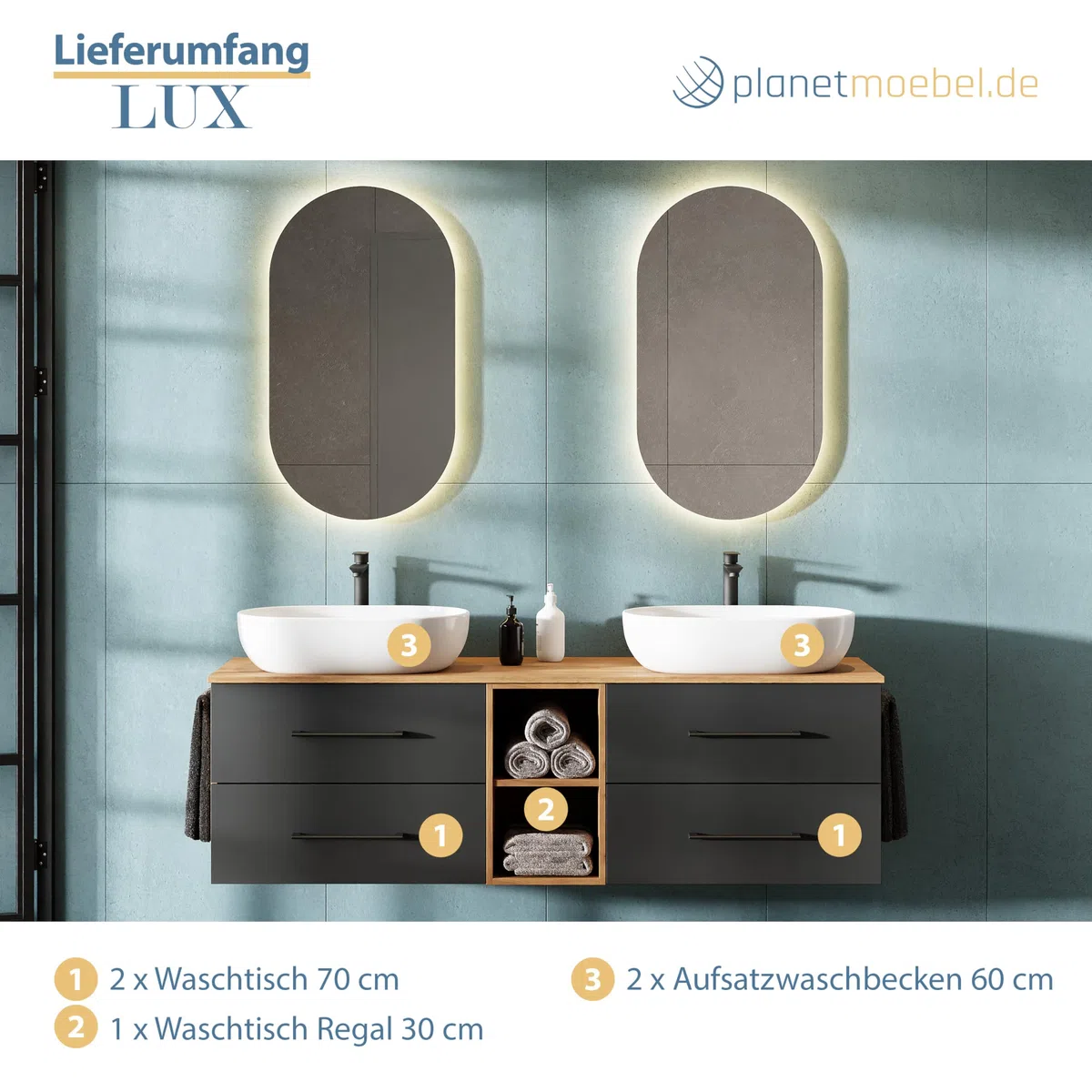Planetmöbel Lux Set di mobili da bagno con lavabo sospeso da 170 cm e 2 lavabi da appoggio da 60 cm di colore bianco, mobili in rovere dorato/antracite