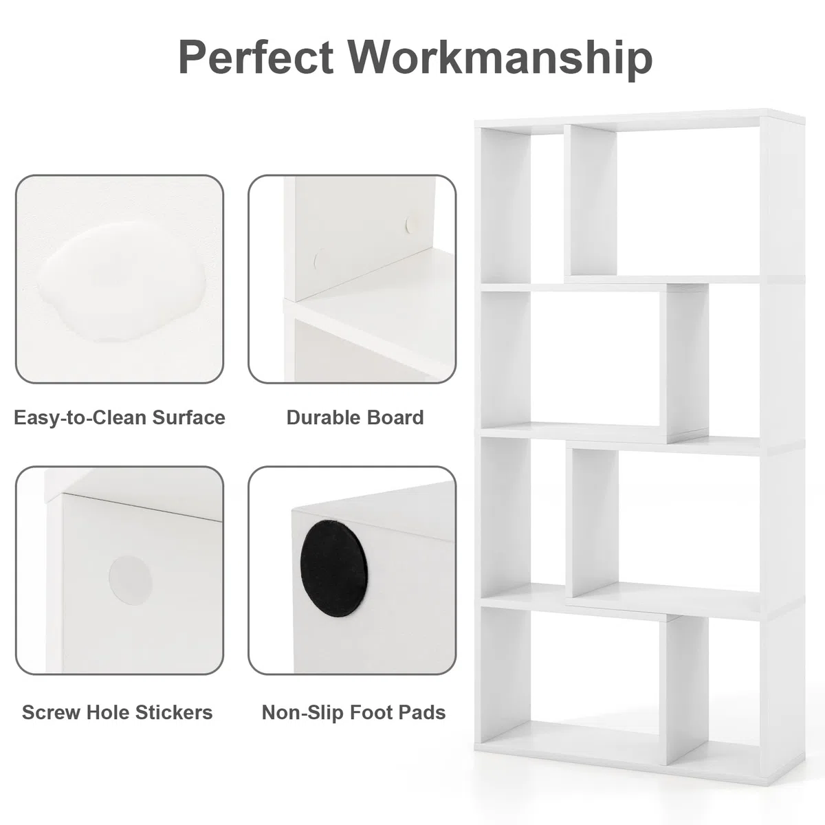 HOMASIS Libreria da Parete a 4 Ripiani, Libreria Scaffale con Piedini Antiscivolo e Dispositivo Antiribaltamento, Stile Scandinavo, Mobile Portaoggetti per Soggiorno, 60 x 20 x 120 cm (Bianco)