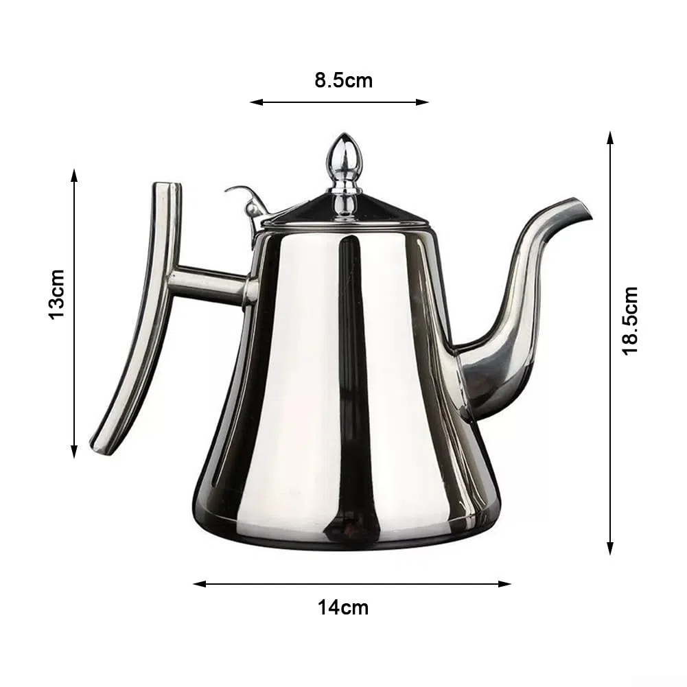 Teiera in acciaio inox con fondo spesso e filtro integrato, adatta per preparare tè e caffè su fornelli a induzione o a fiamma libera (1,5 l, argento)