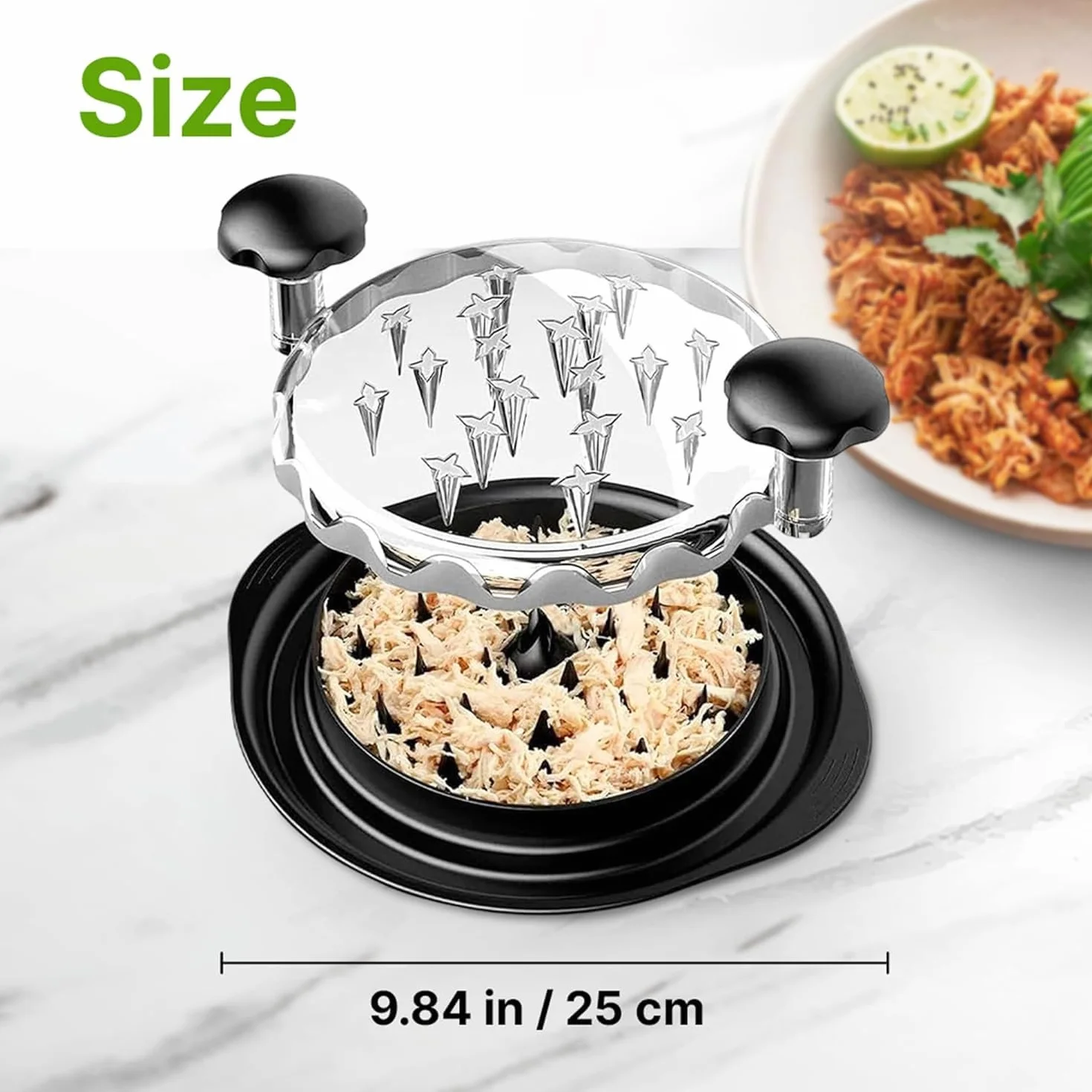 Trituratore del petto di pollo, robot da cucina manuale per la frantumazione facile Senza BPA, antiscivolo, con coperchio trasparente,lavabile in lavastoviglie (25 cm)