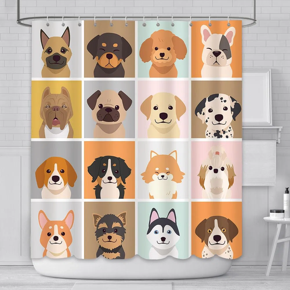 AIBIIN 180x180cm Animale Cane Tenda da Doccia Carino Divertente Colorato Scacchi Pittura Tende Da Bagno Durevole Tessuto Impermeabile Vasca Da Bagno Decorazione Domestica con 12 Ganci