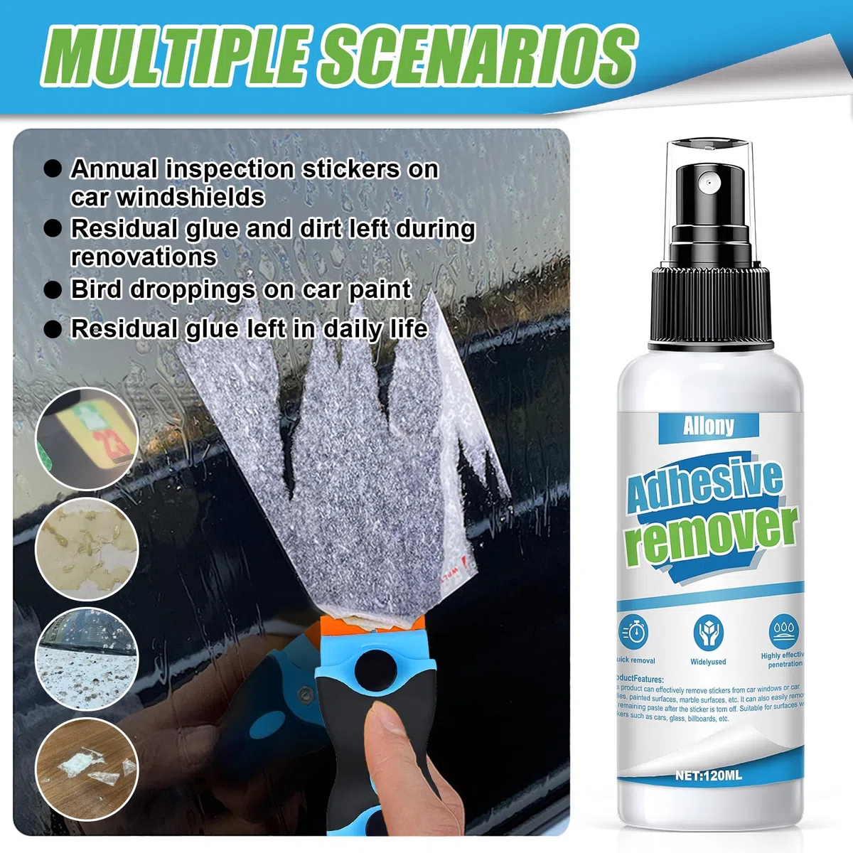 Allony Rimuovi Colla Adesivi, Rimuovi Colla, Spray Rimuovi Etichette, Rimuove in Modo Rapido e Adesivi, Etichette Adesive di Carta, Pellicole e Qualsiasi Residuo di colla Adesiva -120ml con Raschietto