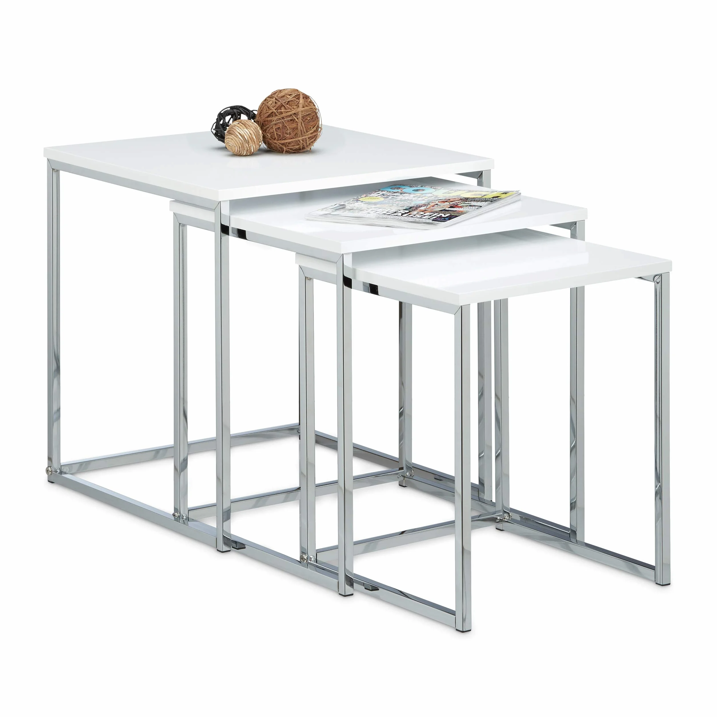 Relaxdays Tavolini da Salotto, Set da 3, Sovrapponibili, Multiuso, H x L x P: 42 x 40 x 40 cm, da Divano, Bianco