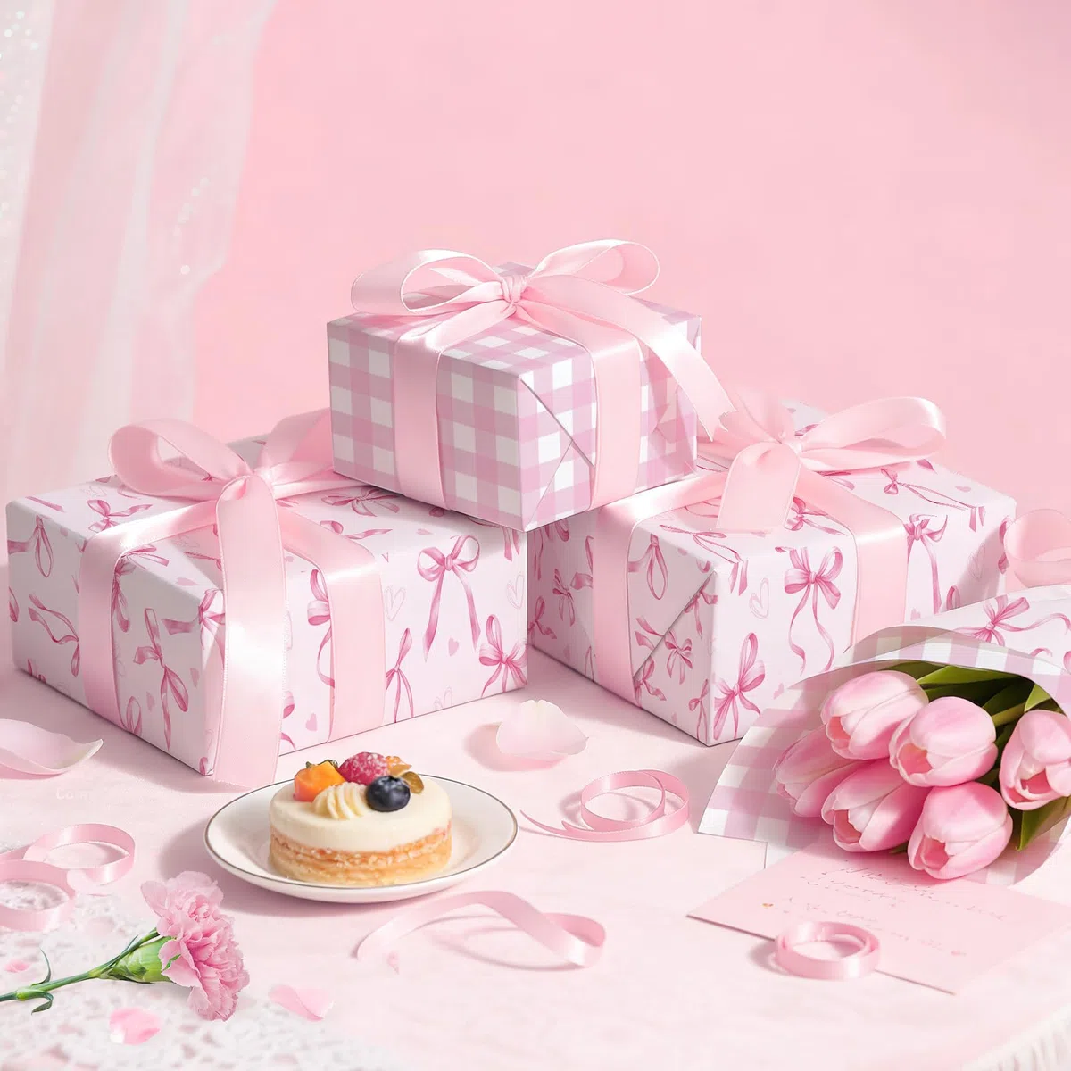 Neloheac Rotolo Carta da Regalo Fiocchi e Cuori Rosa Reversible Quadri, 43 cm x 10 m, Ideale per Compleanni di Ragazze Donne, Festa della Mamma, San Valentino, Bridal Shower, Matrimoni