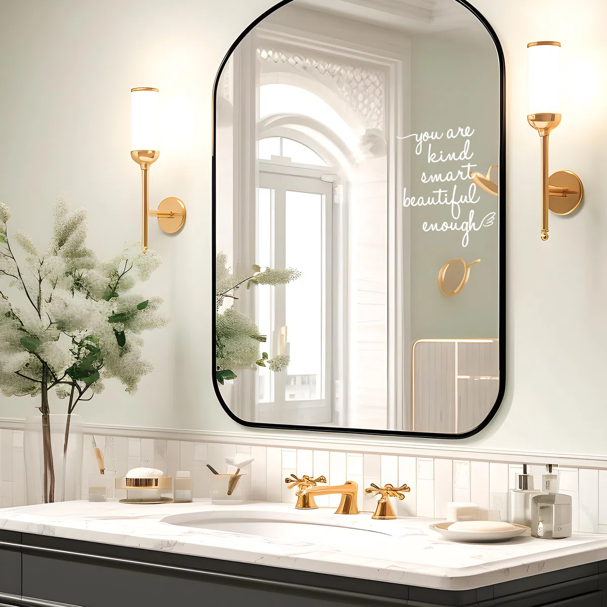 Adesivo da parete per specchio da bagno, con scritta "You are Kind Smart Beautiful Enough", adesivo da parete a specchio per bagno, camera da letto, affermazioni, per ragazze e adolescenti (Bianco)