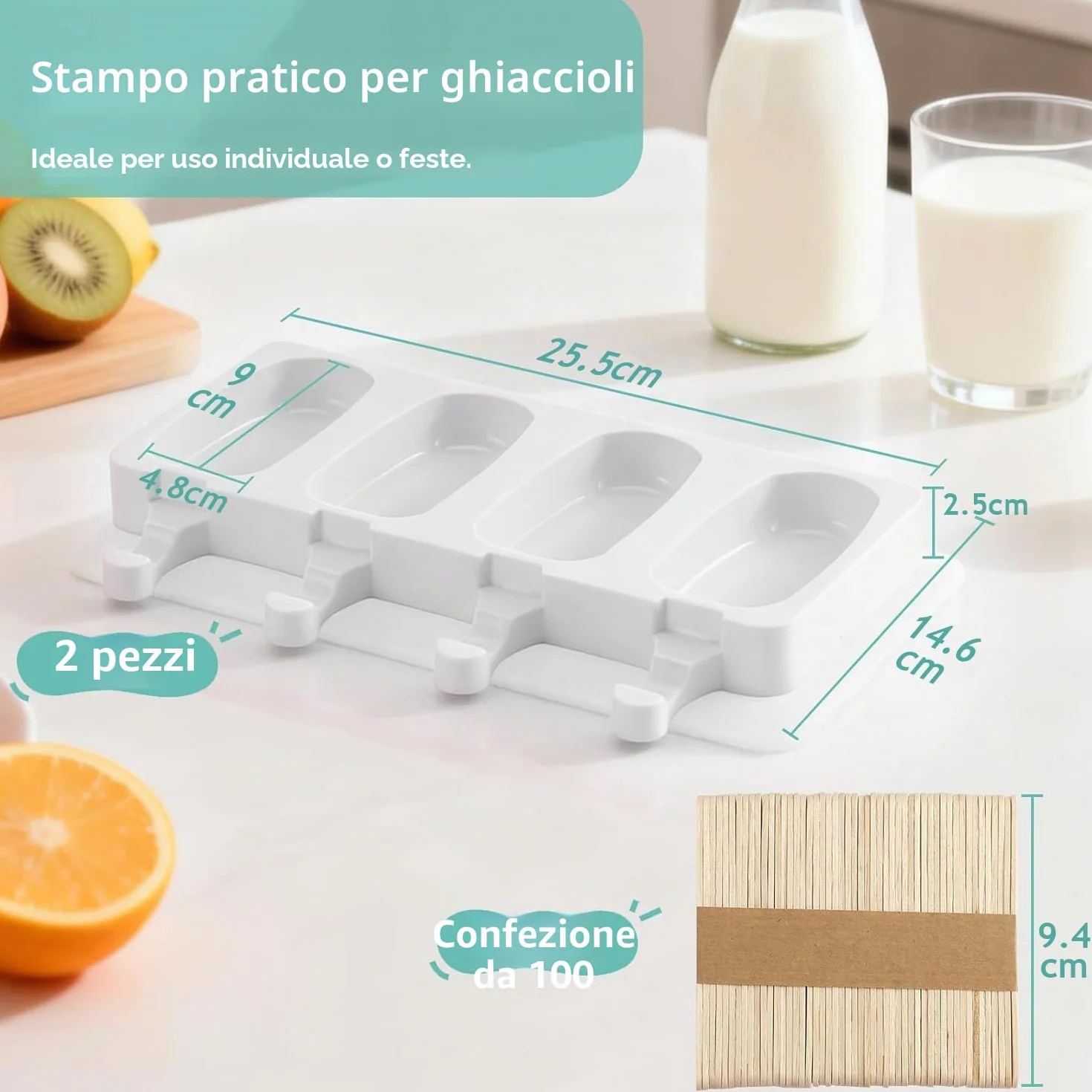 Stampi per Ghiaccioli in Silicone 2 Set con 100 Bastoncini e Coperchio, Formine Ghiaccioli senza BPA, Grande