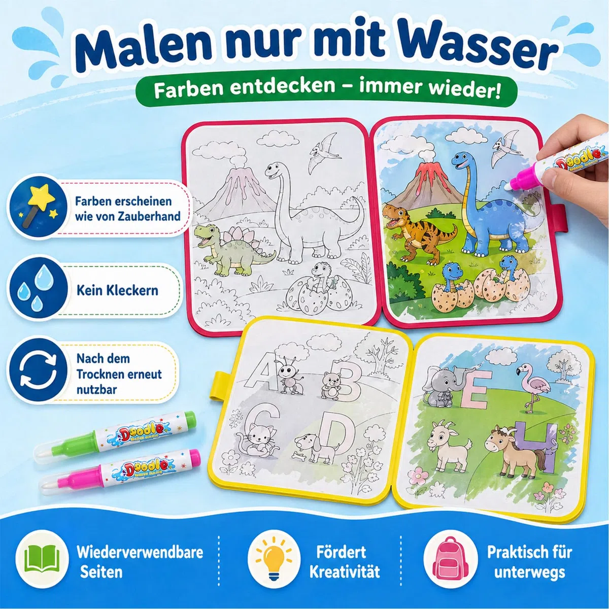 LEMONSTONE 2 libri da colorare ad acqua a partire da 1 2 3 anni, libro da colorare riutilizzabile con 2 penne ad acqua, libro magico per bambini e ragazze, 20 x 20 cm