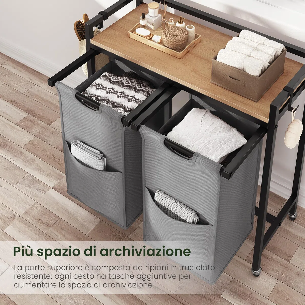 EUGAD Cesto Portabiancheria, 2 Sacchi in Tessuto Oxford Rimovibili, Porta Biancheria, Struttura in Metallo, per Bagno e Lavanderia, 70x30x71cm, Capacità 40L per Cesto