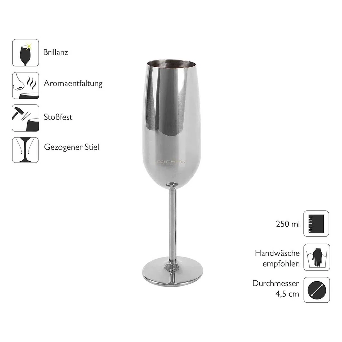 ECHTWERK Set di 2 bicchieri da champagne e spumante, acciaio inox, edizione argento, 250 ml, 22,5 x 6,3 cm