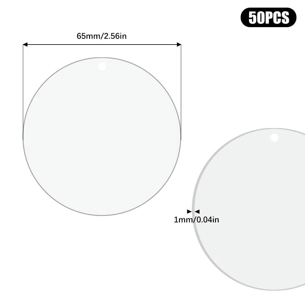 50 Pezzi 6.5cm Fogli Acrilici Trasparenti con Foro Fogli Acrilici Rotondi Trasparenti Pannello Acrilico Rotondo Piatti acrilicis Trasparentis Rotondi per Portachiavi,Pittura,Artigianato DIY