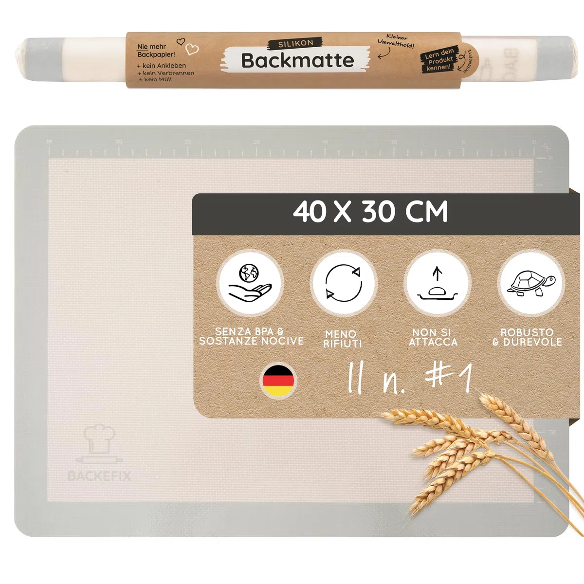 Backefix Tappetino da forno in silicone, 40 x 30 cm, verde, di alta qualità, in silicone platinico, come carta da forno riutilizzabile, privo di teflon, BPA e PFAS, antiaderente, lavabile in
