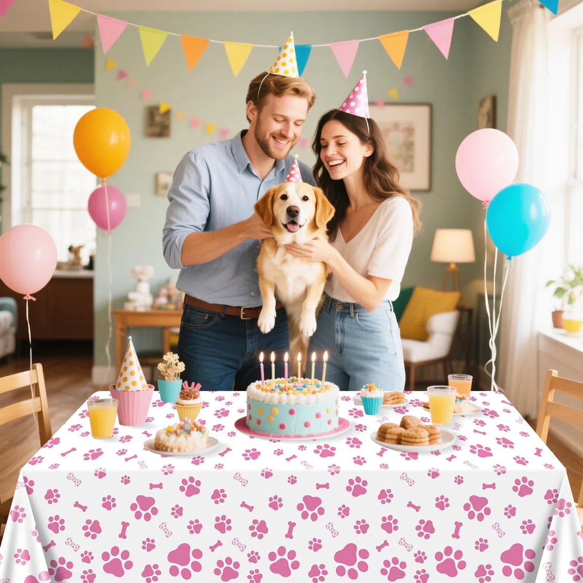 Tovaglia con stampa di zampe di cane rosa, 4 pezzi, rosa e bianco, per feste di compleanno a tema cane, 130 x 220 cm