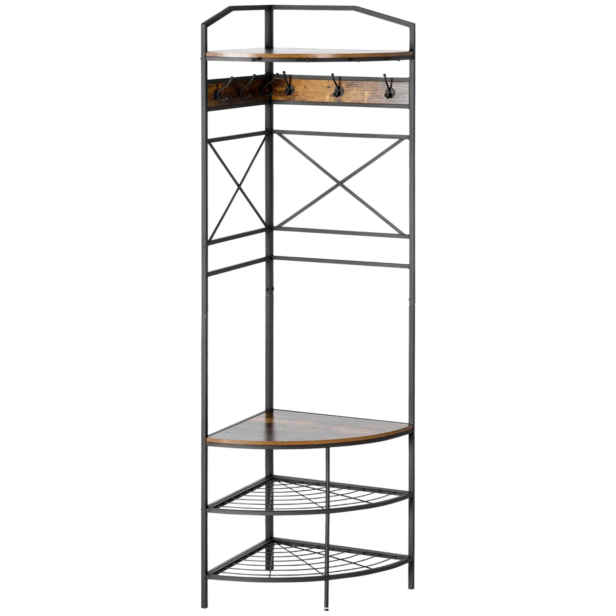 HOMCOM Attaccapanni da Terra con Ganci, Mobile Ingresso Appendiabiti da Terra Angolare con Panca e Scarpiera, Mensola in Stile Industriale, 50x50x183cm, Marrone