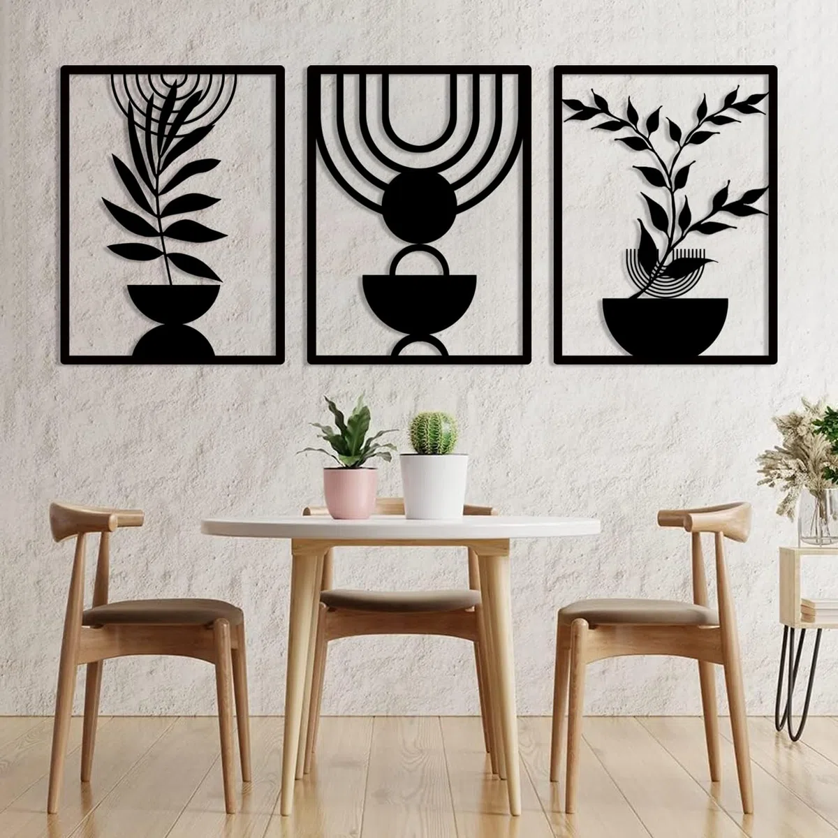 Pduoduo 3 Pannelli Arte da Parete in Metallo Stile Boho, Arte da Parete Geometrica Minimalista Astratta, Scultura in Metallo Nero per Soggiorno, Camera da Letto (56 * 42 cm)