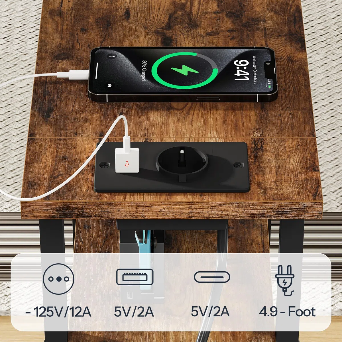 HOOBRO Comodino con Stazione di Ricarica, 1 Presa Standard e 2 Porte USB, Tavolino Stretto con 3 Cassetti in Tessuto, Tavolino da Divano, Comodino per Piccoli Spazi, Marrone Vintage e Nero EBF482CBZ01