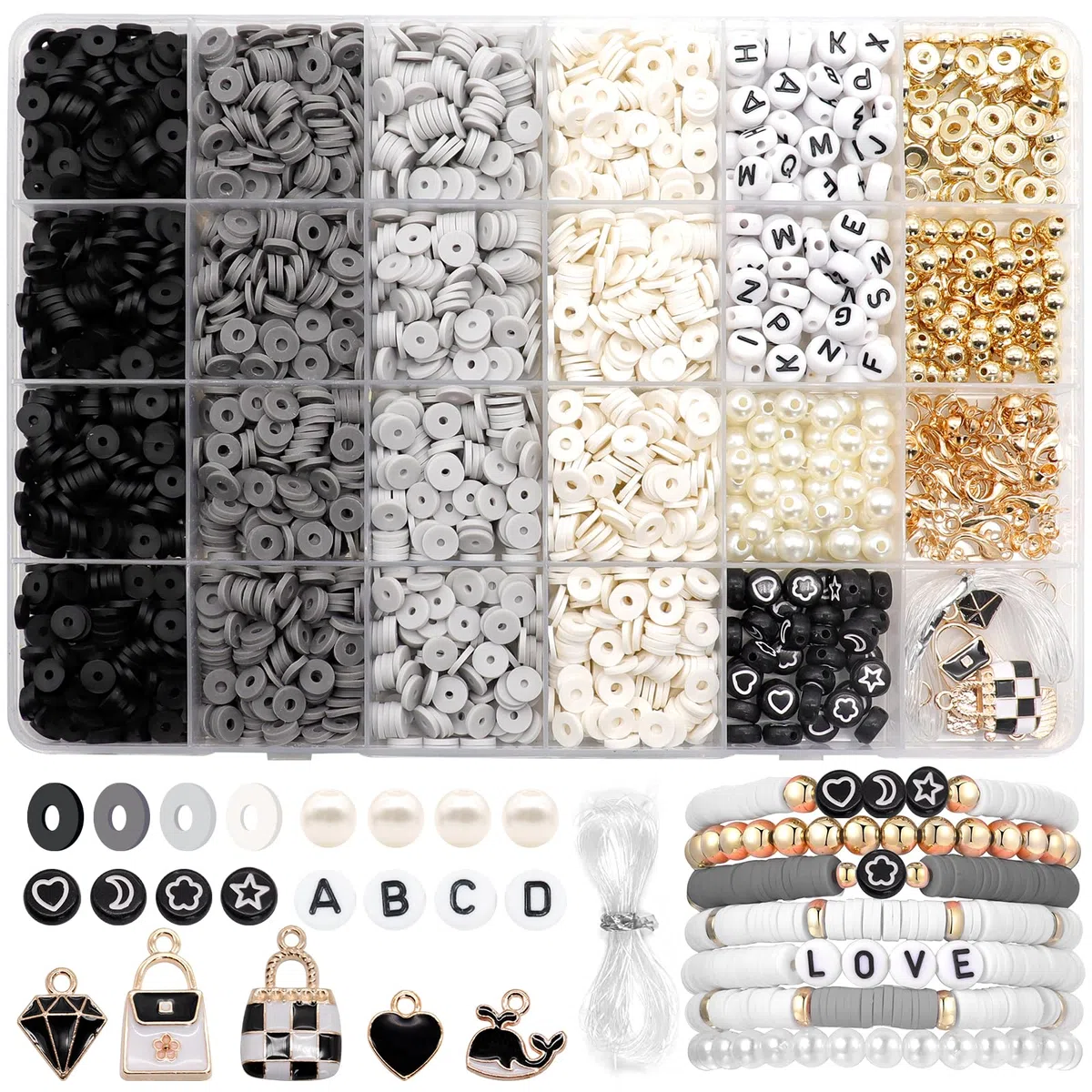 Dotilili 3164 Pezzi Nero Perline per Braccialetti, 6mm Perline Argilla per Collane, Piatte In Argilla Polimerica Fatte a Mano, Con Lettera Heishi Kit per Bigiotteria Fai da Te Charms