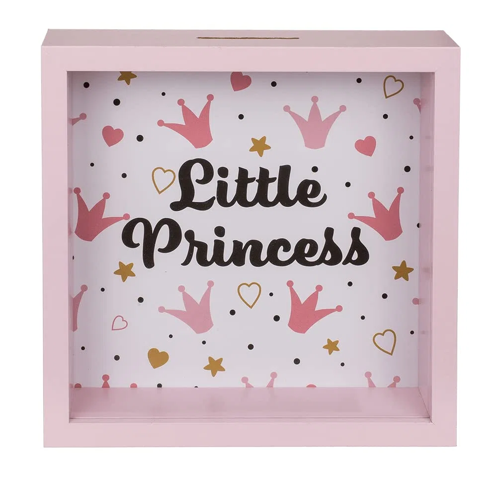 Salvadanaio rosa in legno Little Princess. Salvadanaio per salvare le principesse di casa (20 x 20 cm), con gancio per appendere.