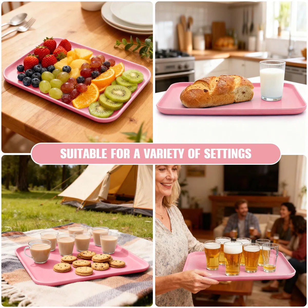 Confezione da 4 vassoi rettangolari in plastica per cucina, bevande, snack, tè, caffè, colazione, leggeri e resistenti (rosa)