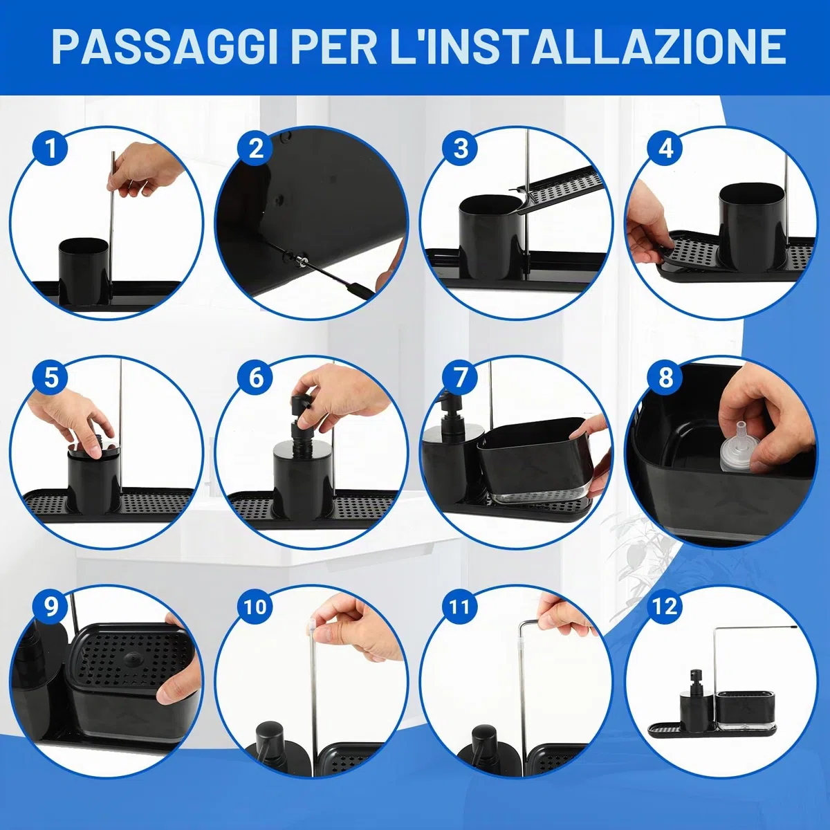 Set Dispenser Sapone Cucina 2 in 1 per cucina con supporto in spugna, ideale per lavare le mani e lavastoviglie, ricaricabile, adatto per dispenser di detersivi da cucina, nero
