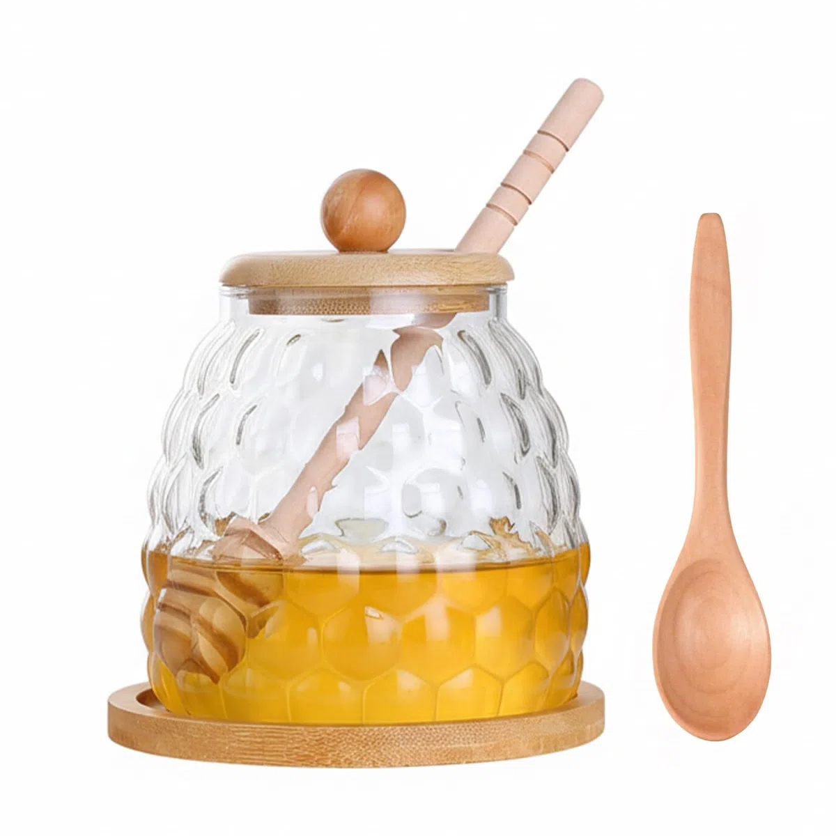 Vasetto per Miele Vetro con Coperchi Bastoncino Cucchiaio e Vassoio, 550 ml Trasparente Dosatore Miele per Cucina, Honey Pot a Bocca Larga, Contenitore in Vetro per Conservare e Sciroppo