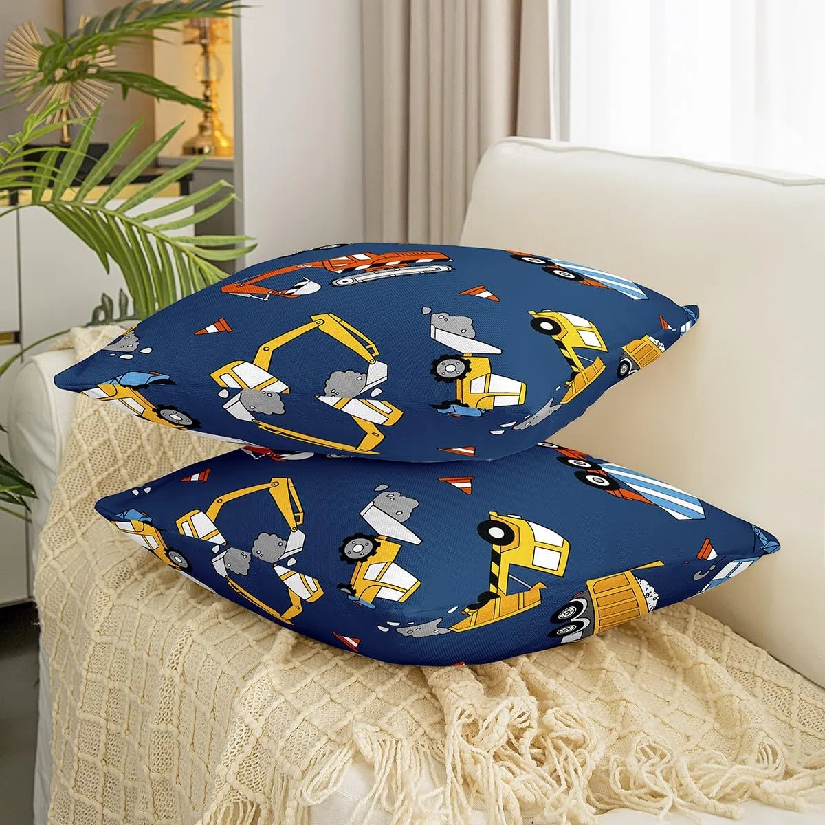 Set di 2 federe decorative per cuscini a tema auto da cartone, decorazione per costruzioni, per camion, escavatori, trattori, federe blu per cuscini, copricuscini per veicoli da costruzione, 45,7 x