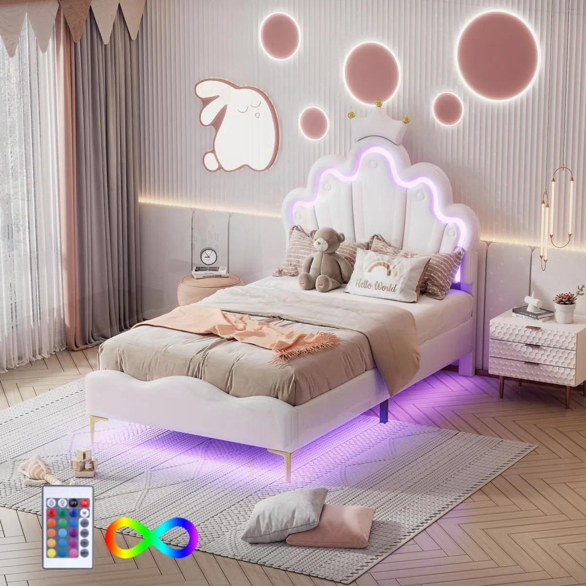 Lettino imbottito per bambini, 90 x 200 cm, con testa a LED e testiera regolabile, a forma di corona, letto singolo, per ragazzi, con rete a doghe (bianco D, 90 x 200 cm)