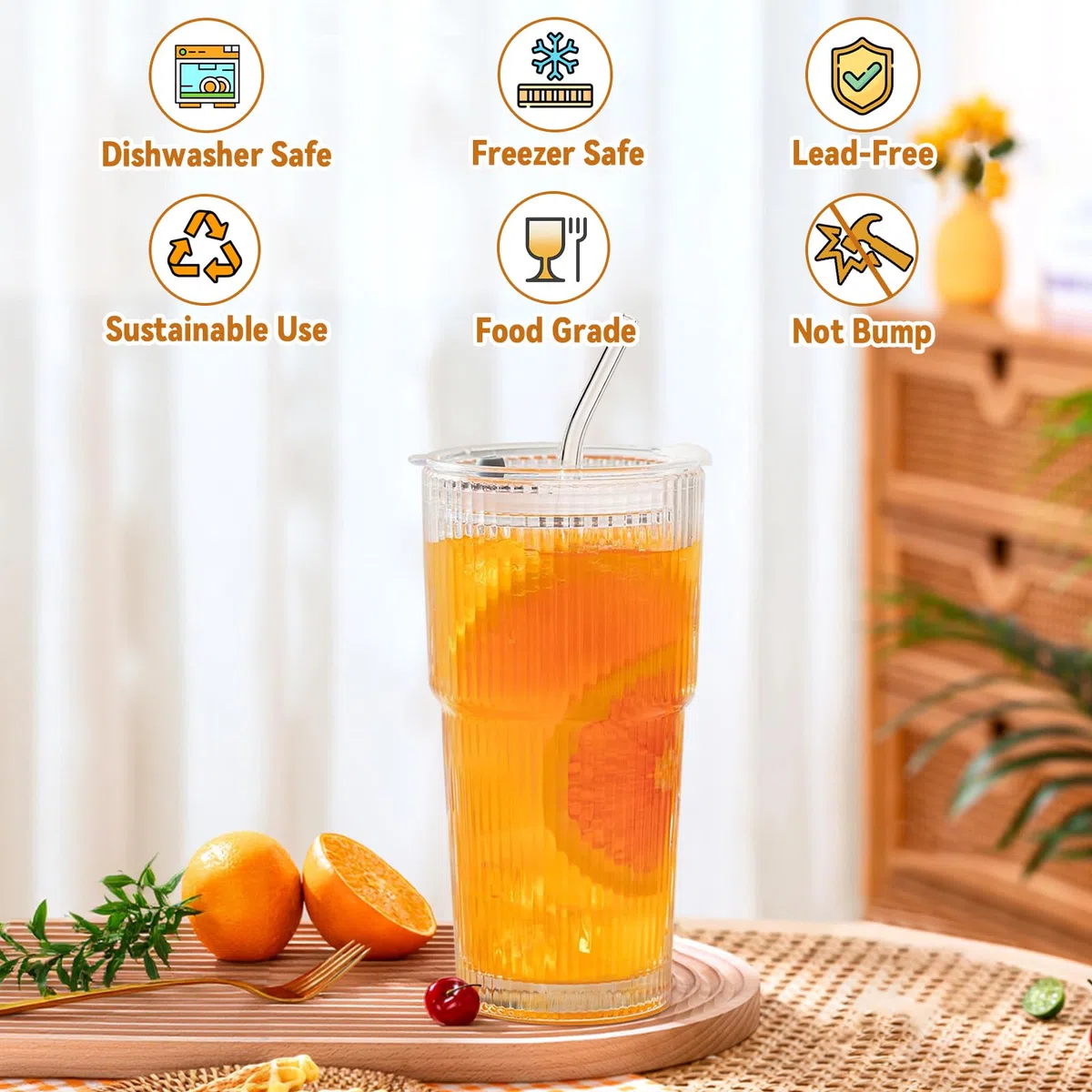 2 Pezzi 600ml Bicchieri da Acqua con Coperchio e Cannuccia, Bicchieri in Vetro con Pennello di Paglia, Ermetico, Bicchieri da Caffè Freddo, Bicchieri a Righe per Tè, Succhi, Caffè, Smoothie
