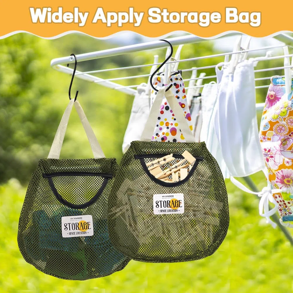 Porta Mollette Bucato da Esterno, 2 Pz Mesh U-Shaped Apertura Verde Scuro Peg Holder Ampiamente Applicare Vestiti Peg Bag per lavanderia Camera da letto Bagno, con 2 pz S-Shaped Hook