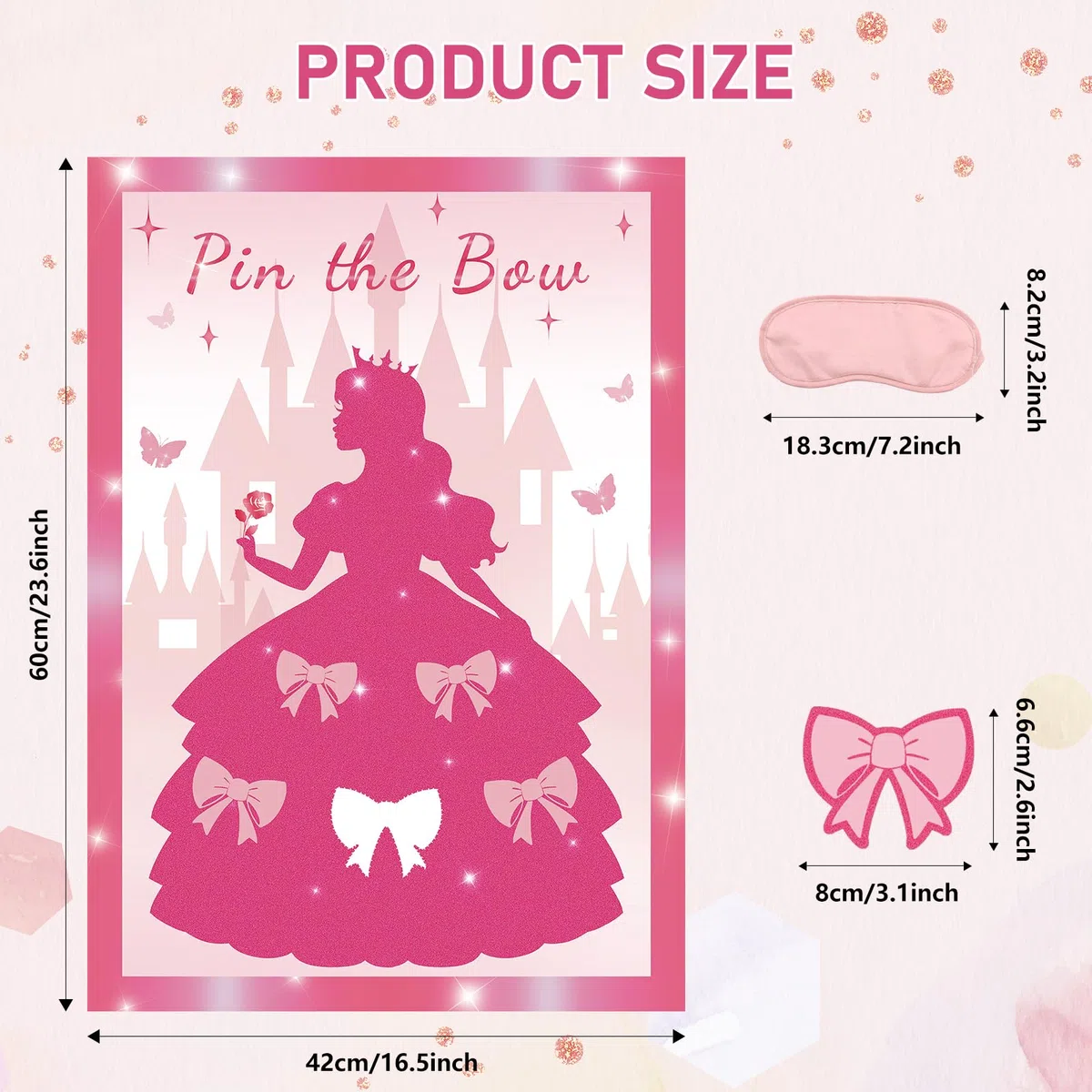 Pin the Bow - Gioco per feste per ragazze e ragazze, poster rosa con 24 adesivi con fiocco, decorazioni per feste di compleanno per bambini, poster A2, 24 giocatori