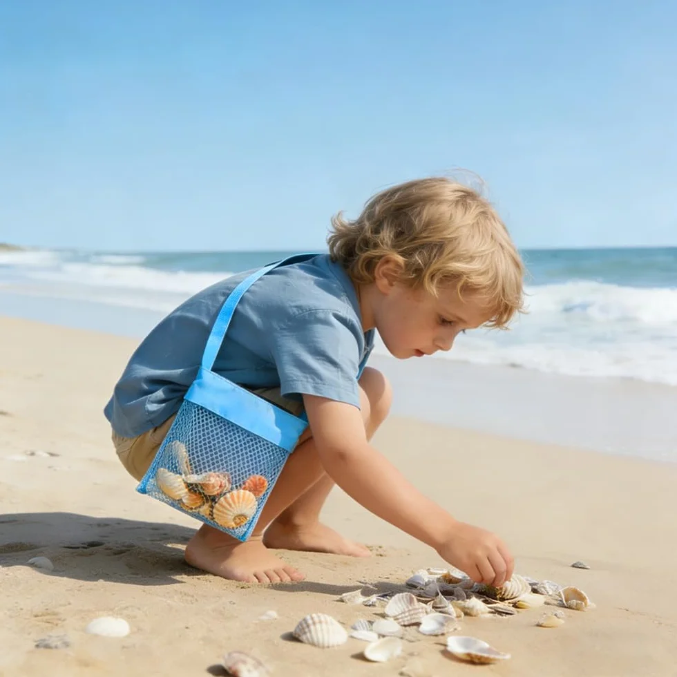 Borsa Giochi Mare, 5 PCS Borsa Giochi Spiaggia Bambini, Borsa a Tracolla Regolabile Rete Porta Giochi Spiaggia, per Riporre Giocattoli e Conchiglie in Spiaggia