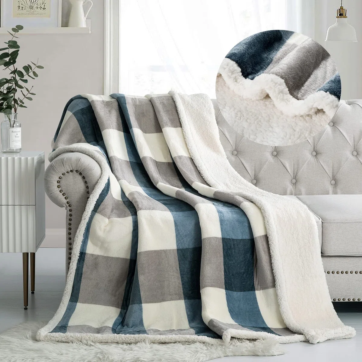 PU MEI Coperta in pile Sherpa, reversibile, soffice, soffice, in flanella, per divano letto, 150 x 200 cm, colore: grigio-blu