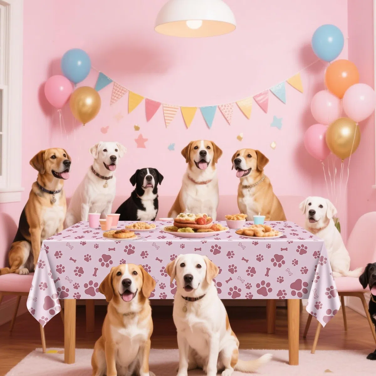 Tovaglia con stampa di zampe di cane rosa, 4 pezzi, rosa e bianco, per feste di compleanno a tema cane, 130 x 220 cm