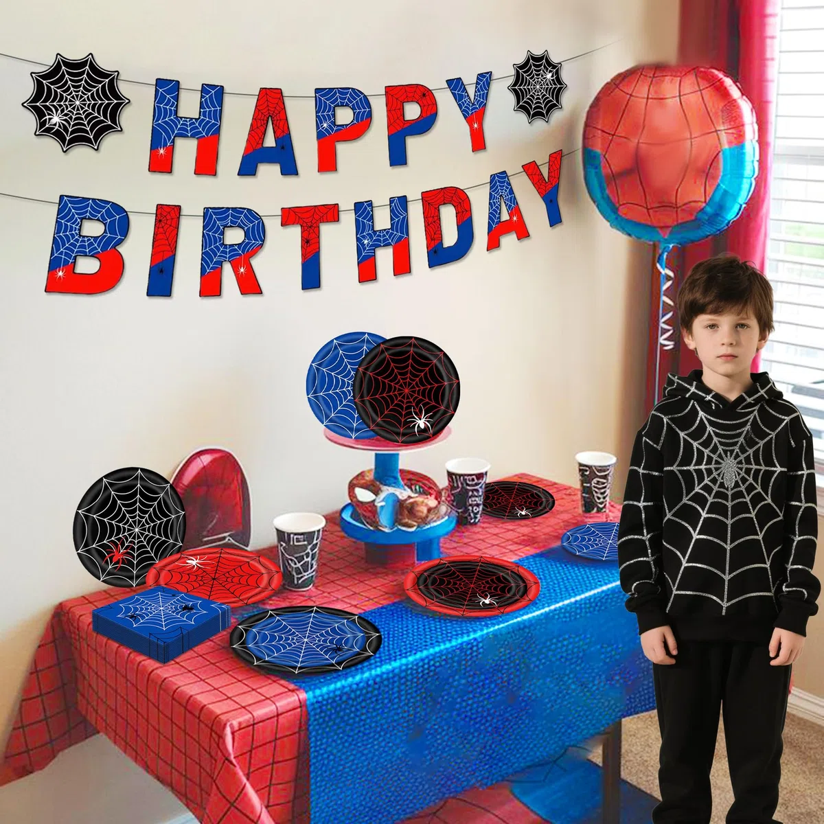 LaVenty striscioni compleanno rossi e neri stoviglie festa supereroi set stoviglie ragno articoli compleanno bambini decorazioni feste set stoviglie party