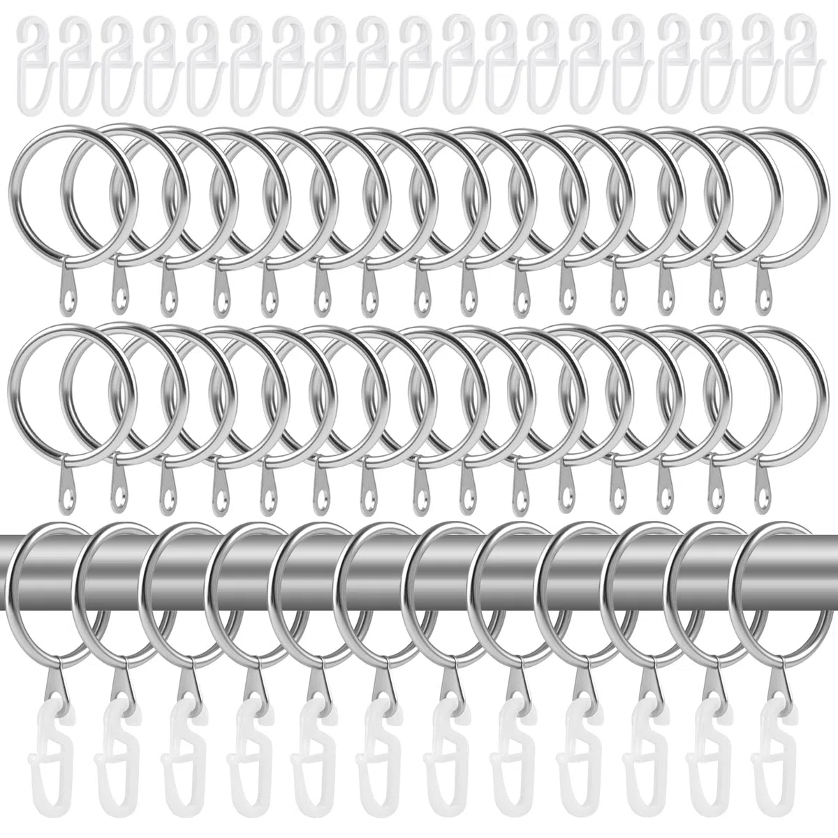 50 Pezzi Anelli Per Tende In Metallo, 30mm Anelli Per Tenda con 50 Ganci, Acciaio Inossidabile, Per Finestre, Porte, Tenda Da Doccia Per Binari,Casa, Bagno, Camera da Letto, Porte Finestre (argenteo)