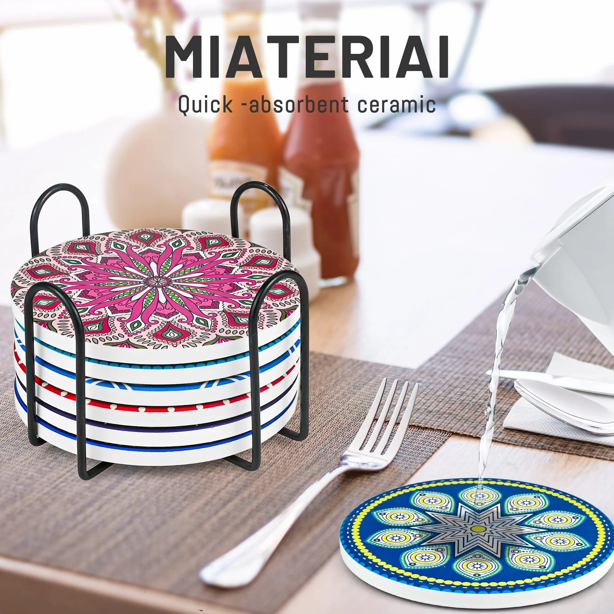 Set di 8 sottobicchieri mandala, ceramica, rotondi, supporto, assorbenti, base sughero antiscivolo, tappetino pietra ceramica, tazze, bicchieri da vino, cucina, bar, 10 cm