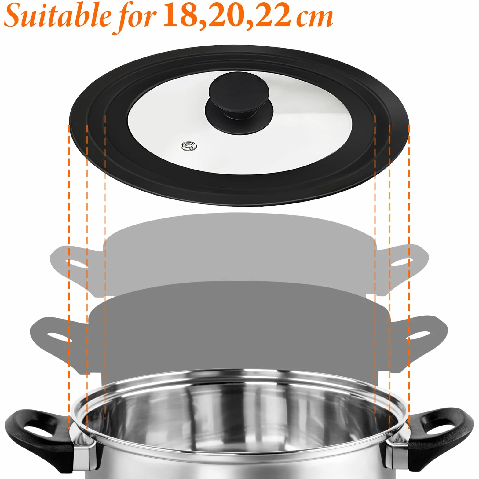 Coperchio Universale 18/20/22 cm – Coperchio in Vetro Temperato Nero con Bordo in Silicone, Foro Vapore & Manico Cool-Touch – Adatto a Pentole e Padelle, Lavabile in Lavastoviglie