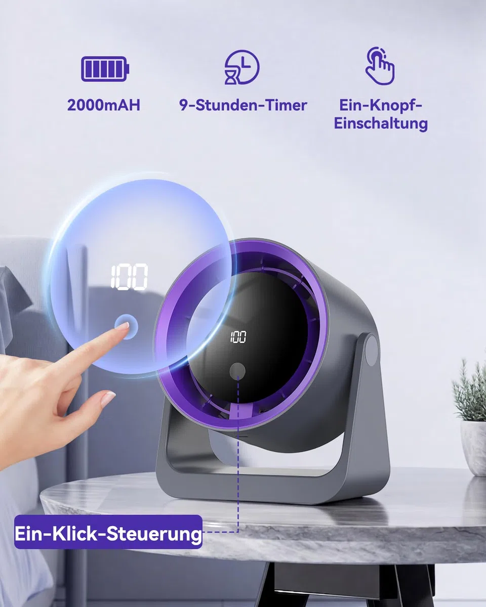 Timiyou Ventilatore da Tavolo Silenzioso con Batteria 2000mAh, Display LED, Regolazione Continua 1-100, Autonomia 12 Ore, Ricarica USB-C, Ventilatore da Scrivania Per Ufficio, Casa, Camera da Letto