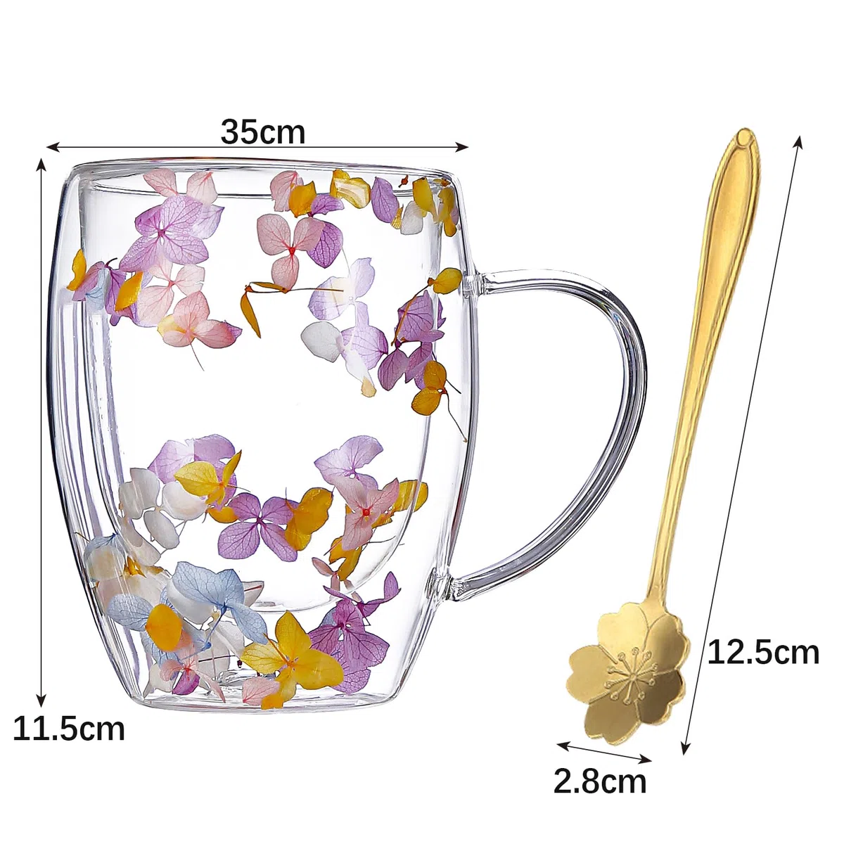 Tazze da Caffè in Vetro a Doppia Parete con Fiori Secchi CHUNLINLAODA-350ml Tazza da Caffè in Vetro con Fiori Secchi Tazze da Caffè a Doppia Parete con Fiori Secchi per Bevande Calde (Rosa Viola)