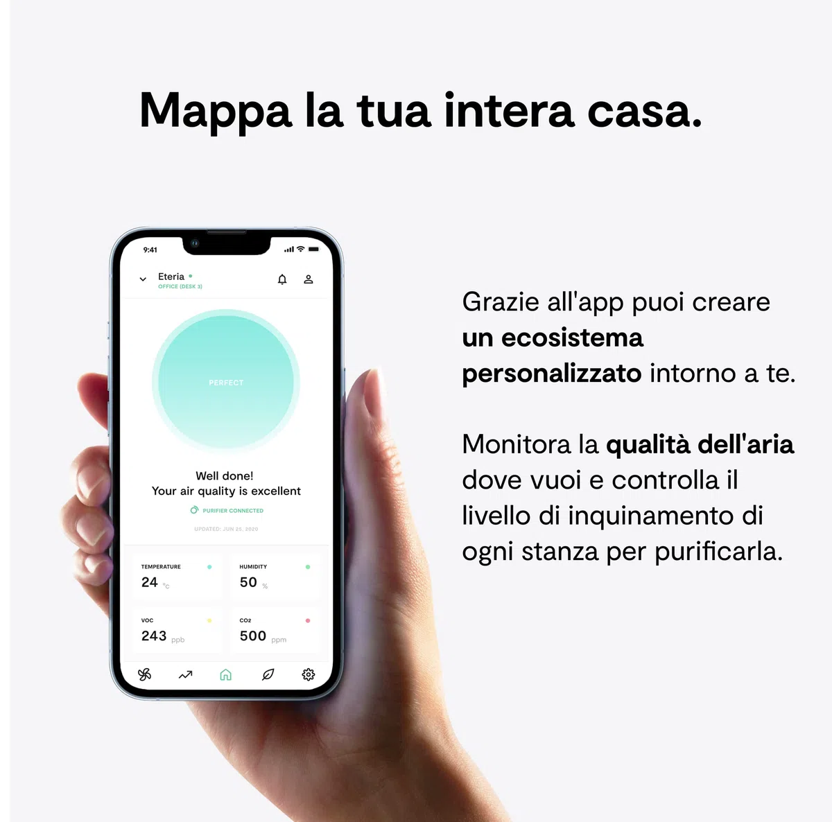 VITESY ETERIA Purificatore Aria Senza Filtri Da Cambiare | -99% di Batteri, Microbi, Muffa, COV e Virus | Cattura Odori Ambiente | Sostenibile e MADE IN ITALY