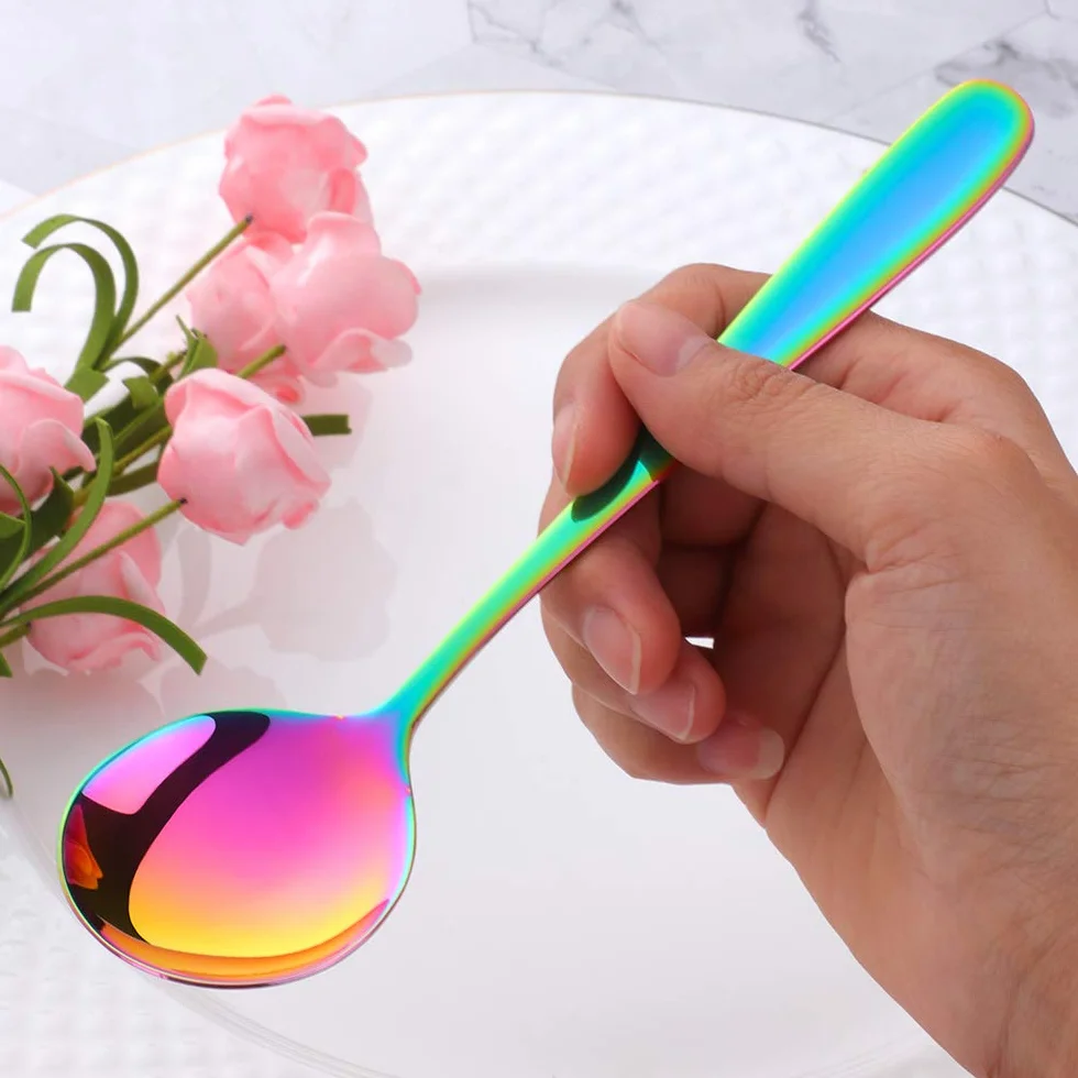 Cucchiaio per cereali, 18/10, in acciaio inox, 6 pezzi, lunghezza 17,5 cm, larghezza 4,5 cm, per porridge, cucchiaio da dessert Soup Spoons (arcobaleno)