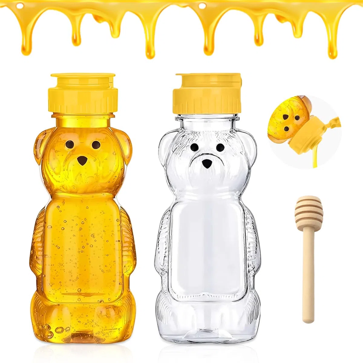 Dosatore Miele 2 Pezzi Bottiglie Per Miele in Plastica Trasparente da 250 ML, 1 Pezzi Mescolatore di legno del, Dispenser per Sciroppo, Per Conservare ed Erogare